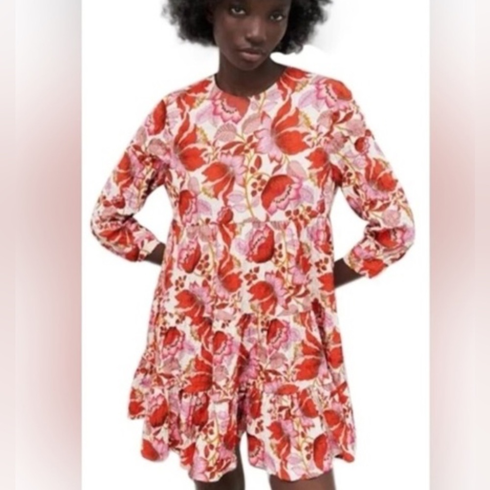 Zara Women's Sz. Med  Sharon Floral 3/4 Sleeves Shift Babydoll Tiered Dress